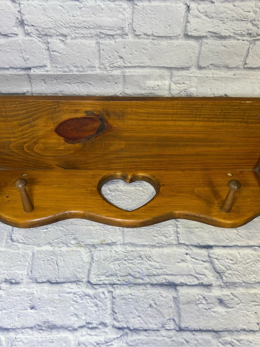 Vtg Handmade Wooden Heart Cutout Wall Shelf Cottage W/2 Pegs 28” Brown Farmhouse